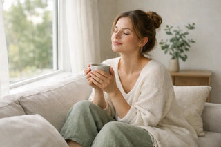 Person meditating on a couch in a calm living room