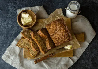 Sliced banana bread on a wooden cutting board