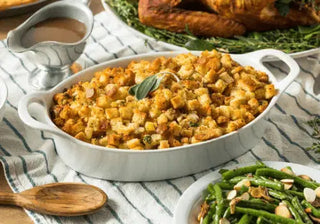 Bowl of sage stuffing with herbs and toasted bread
