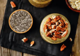 Chia pudding topped with pumpkin spice and nuts