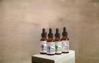 CBD tincture bottles arranged on a neutral background